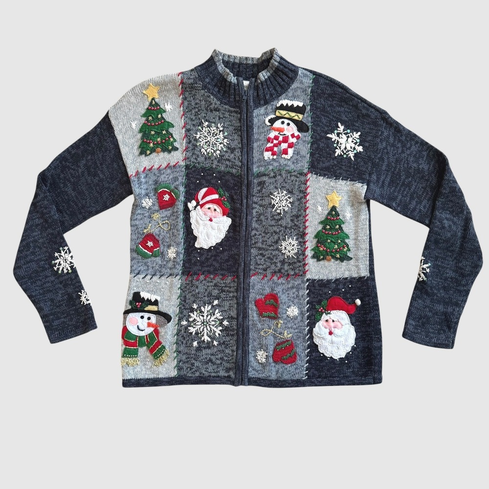 Fashion Bug Vintage Christmas Patchwork Zip Cardigan Sweater S Ungly Cottage